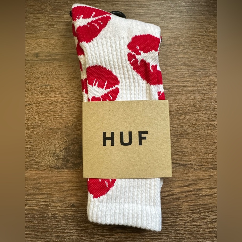 HUF White Crew Socks with Red Kiss Print